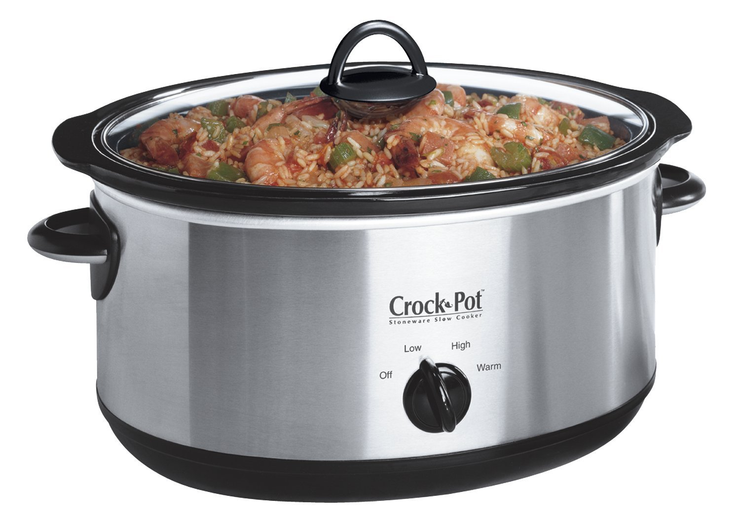  A stainless steel slow cooker or crock pot with a simple 4-settings dial - Off , Low, High and Warm 