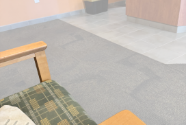 At lower left a white cane is folded on a chair arm. In the background there is a .whitish blur